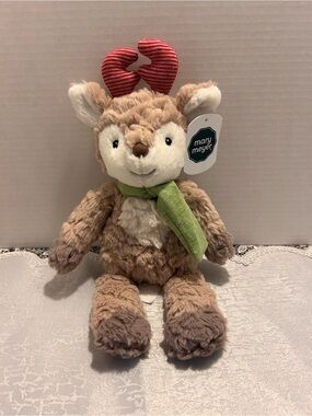 Mary Meyer Plush Reindeer in Brown with Red Antlers and Green Scarf 12”